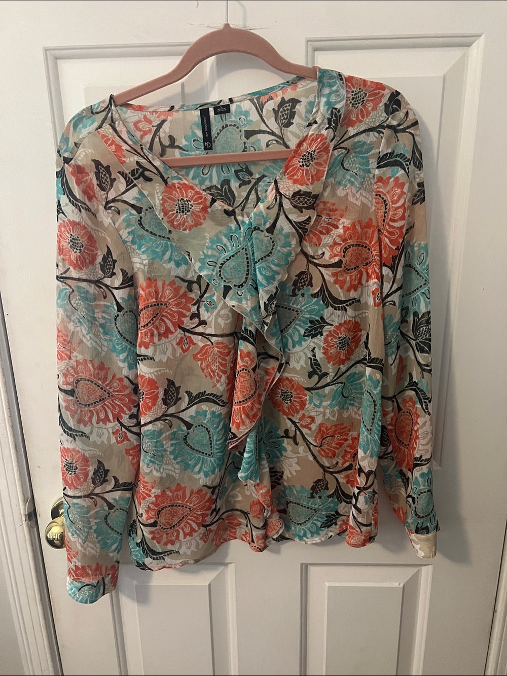 new directions Floral Ruffle V-Neck Blouse - Coral, Teal & Cream